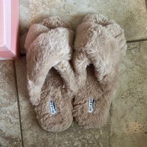 Tan Fuzzy Slippers-  New! Size 7.5 Women’s